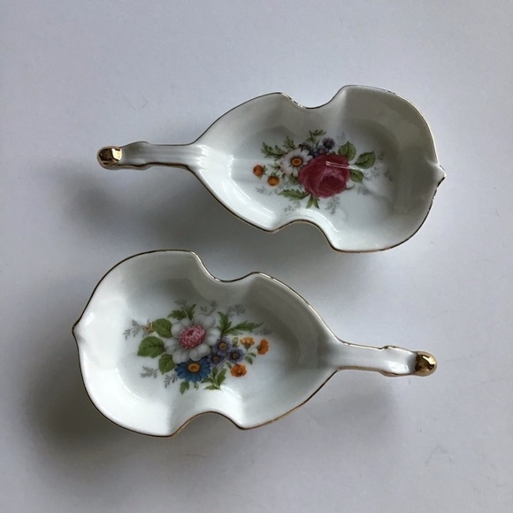 Vintage Floral Bone China Violin Dish PAIR Ring Trinket Gold Rim Vanity Cottage - Picture 14 of 16